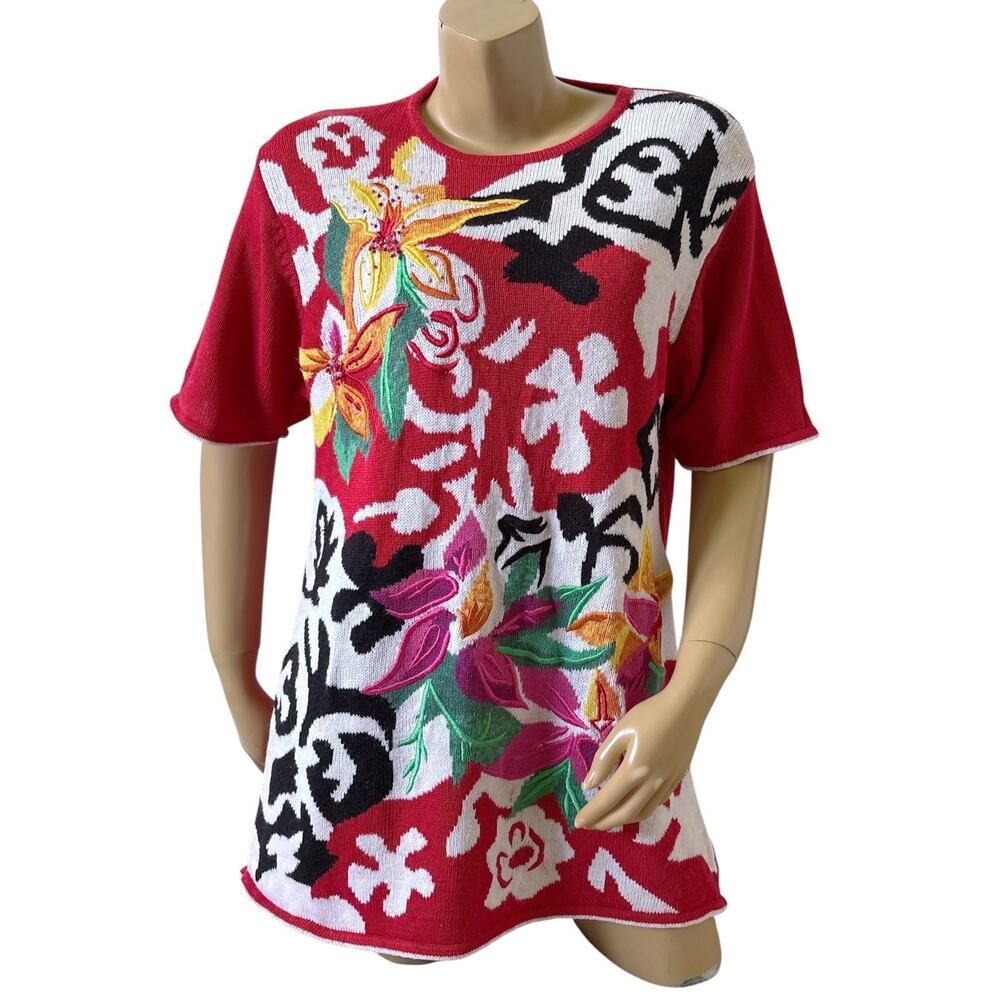 Vintage Cervelle Sweater Womens M Red Floral Tunic Top Beaded Embroidered Ramie